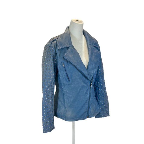 Studded Faux Leather Moto Jacket, Light Blue, Size M - Picture 2 of 7